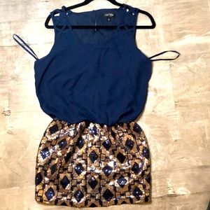 Like new navy blue dress w cut out detail and gold/ navy sequined bottom